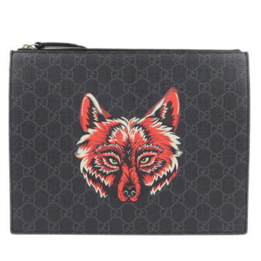 GUCCI GG Supreme Leather Clutch Bag Wolfs Head Black
